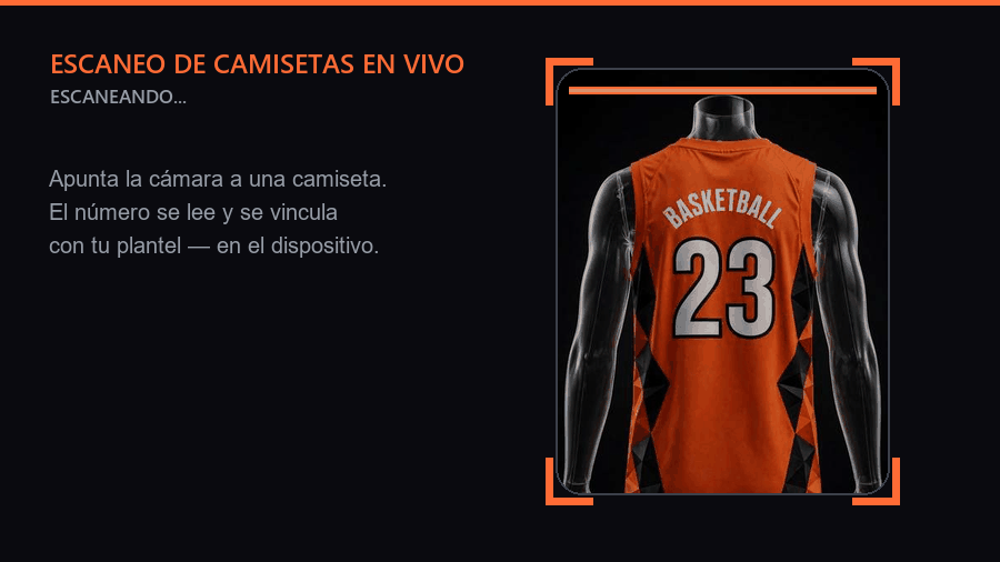 El escáner de camisetas lee el número 9 y lo vincula con Bryce T. y sus estadísticas.